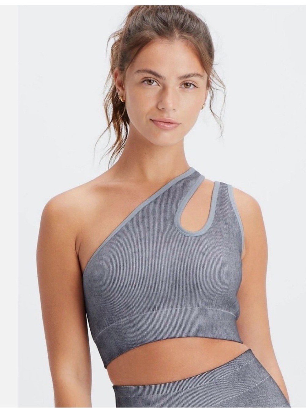 Fabletics Grey Ribbed Top with Gold Logo Accent